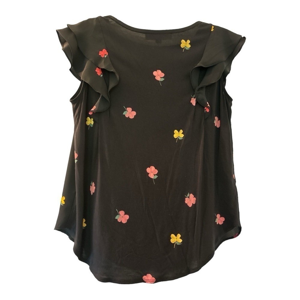 LOFT top, MP, black with yellow and red flowers , flutter sleeve and ruffles. - Picture 2 of 6